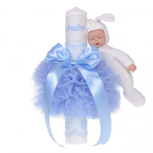 Lumanare botez personalizata, decor bleu cu tul, dantela si o jucarie iepuras, Denikos® 737