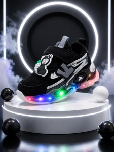 Pantofi sport cu lumini LED, Model accesoriu cu ursulet, Piele ecologica, Negru