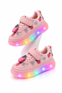 Pantofi sport cu lumini LED, model cu capsuni, Fete, Piele ecologica si textil, roz