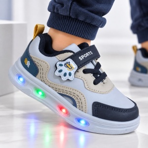 Pantofi sport cu luminite, Model Sporty Style 3, Piele ecologica, Baieti, Gri