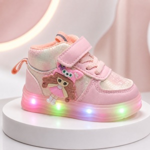 Pantofi sport inalti cu luminite, Model Papusa, Piele ecologica, Fete, Roz - Img 2