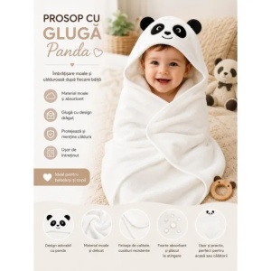 Prosop cu Glugă pentru Copii și Bebeluși Alb – Model Panda - Moale și Absorbant - Img 4