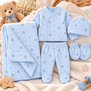 Set bebeluși 5 piese albastru cu model stelute, bumbac 100% - Img 3