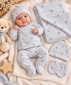 Set bebeluși 5 piese gri cu model stelute, bumbac 100% - Img 2