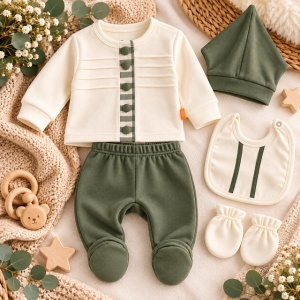 Set nou-născut băiețel 5 piese, verde kaki și crem, 100% bumbac, bluză, pantaloni cu botoșei, căciuliță, bavetă și mănuși, 0-6 luni