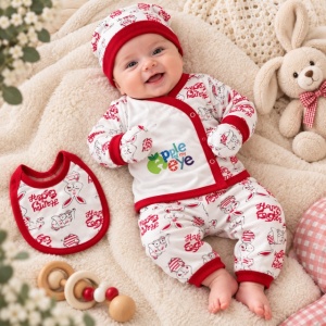 Set nou-născut bebe 5 piese, alb cu roșu, imprimeu iepurași, bluză, pantaloni, căciuliță, bavetă și mănuși