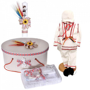 Set traditional, trusou botez, cutie trusou, lumanare si costum popular baietel, Denikos® C9096