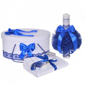 Set trusou botez, cutie trusou si lumanare personalizata cu nume, decor Albastru, Denikos® 903