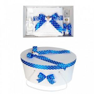 Set trusou botez si cutie trusou, Ingeras, fundita albastra cu buline, Denikos® 20