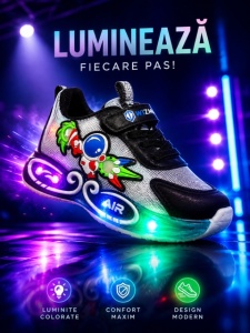 Adidasi cu lumini LED pentru baieti, Cosmonaut, Piele ecologica, Multicolor - Img 2