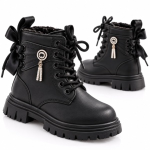 Bocanci negri de fetițe, cu fundițe și accesoriu tip bijuterie, Model Amelie, Negru