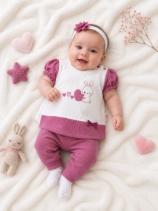 Compleu din 3 piese, tricou, pantaloni si bentita, Iepuras, BabyIm, bumbac - Img 2