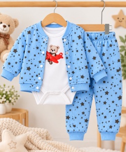 Costum bebe băieți 3 piese albastru cu imprimeu stelute și ursuleț din bumbac moale Superbebe Shop