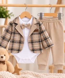 Costum bebeluși băieți 3 piese crem cu sacou în carouri, pantaloni și papion din bumbac moale, Superbebe Shop - Img 2
