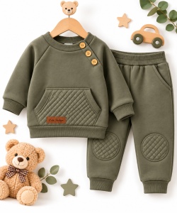 Costum vatuit bebeluși băieți 2 piese verde bumbac moale cu hanorac și pantaloni cu genunchere (2)