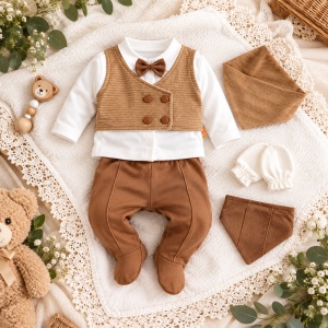 Costumas bebelusi 5 piese, camasa, pantaloni si papion, bumbac 100% - Img 3