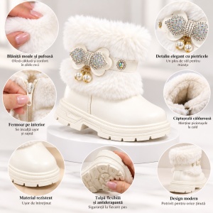Ghete albe cu blanita accesorizata cu strasuri si perlute, Fetite, Piele ecologica, Model Elegance - Img 3