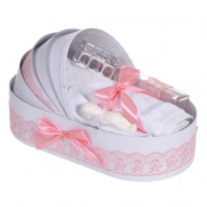 Lumanare botez cu iepuras, personalizata si trusou botez in landou, decor dantela Roz pudra, Denikos® 875 - Img 3