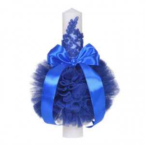 Lumanare botez eleganta cu tul, dantela si fundita, decor albastru, Denikos® 708