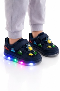 Pantofi sport cu lumini LED, Model Masinute, piele ecologica si textil, Baieti, Bleumarin - Img 6