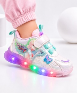 Pantofi sport cu luminite, Model cu fluturas si zana, Piele ecologica, Fete, Alb