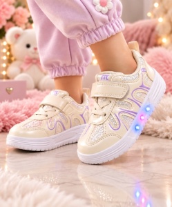 Pantofi sport cu luminite, Model Pearl, Piele ecologica, Fete, Alb