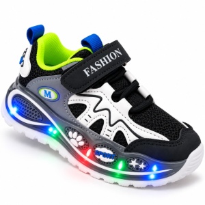Pantofi sport cu luminite, Model Super Confy Black, Textil si Piele ecologica, Baieti, Bleumarine