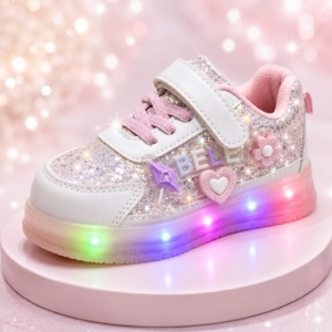 Pantofi sport cu luminite si sclipici, Model Premium Style, Piele ecologica, Fete, Roz - Img 4