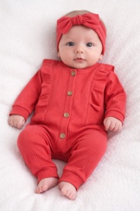 Set corai salopeta bebe bumbac rib cu nasturi si bentita