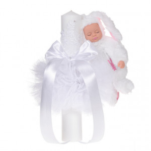 Set elegant trusou botez, cutie trusou si lumanare iepuras pufos, dantela si fundite, decor Alb, Denikos® 934 - Img 3