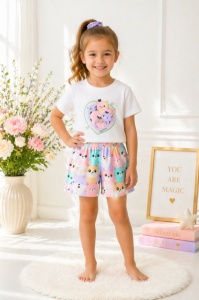 Set multicolor pentru copii 2 piese bumbac imprimeu pisicute