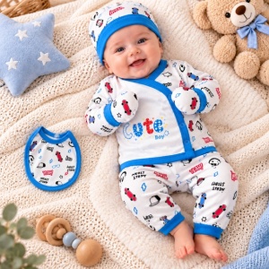 Set nou-născut băiețel 5 piese, alb cu albastru, imprimeu Cute Boy, bluză, pantaloni, căciuliță, bavetă și mănuși