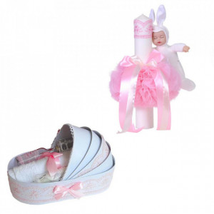Trusou botez in landou cu dantela si lumanare cu iepuras, decor roz Denikos® 169