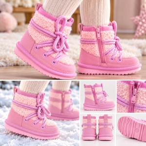 Cizme roz imblanite pentru fete SuperBaby din piele ecologica, talpa cauciuc, cu siret si fermoar, peste glezna, casual - Img 3