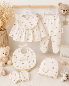 Compleu nou nascut fetite cu bluzita, pantaloni, caciulita, manusi si bavetica, bej floral, Bimbo, 0-3 luni,