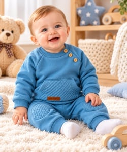 Costum vatuit bebeluși băieți 2 piese albastru bumbac moale cu hanorac și pantaloni cu genunchere