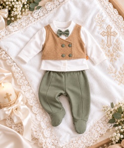Costumas botez baieti 5 piese bej cu verde, camasa, pantaloni si papion, bumbac 100% - Img 3