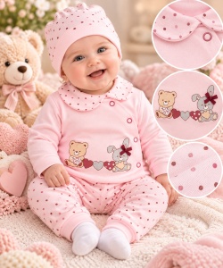 Costumas bumbac bebelusi 3 piese roz cu buline si imprimeu ursulet si iepure set complet cu bluza maneca lunga, pantaloni si caciulita