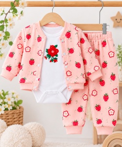 Costumas bumbac bebelusi 3 piese roz cu imprimeu fructe, bluza maneca lunga cu capse, pantaloni si caciulita Superbebe Shop (2)