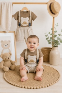 Donino, set pantalonasi cu tricou si bretele, maro
