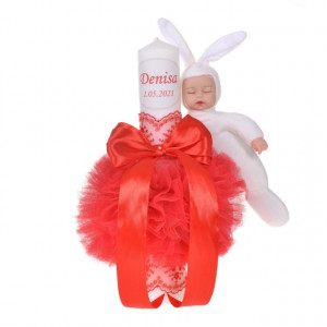 Lumanare botez cu iepuras, personalizata si trusou botez in landou, decor Rosu, Denikos® 798 - Img 2