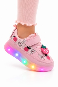 Pantofi sport cu lumini LED, model cu capsuni, Fete, Piele ecologica si textil, roz - Img 5
