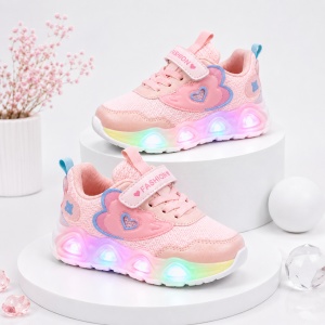 Pantofi sport cu lumini LED, Model Pink Hear, Textil, Fete, Roz