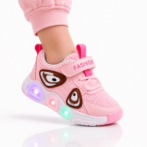 Pantofi sport cu lumini LED, Model Super Panda, Textil, Fete, Roz