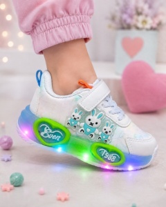 Pantofi sport cu luminite, Model Iepurasi, Piele ecologica, Fete, Alb