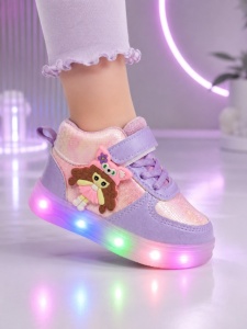 Pantofi sport inalti cu luminite, Model Papusa, Piele ecologica, Fete, Mov