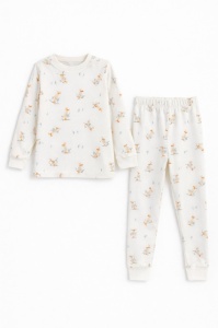 Pijama copii 2 piese alb, bumbac, imprimeu delicat, set pentru somn