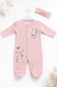 Salopeta bebe fete roz flori brodate fluture bumbac cu bentita