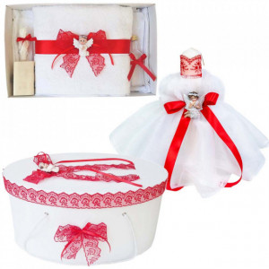 Set dantela trusou botez, cutie trusou si lumanare, Ingeras, decor Rosu, Denikos® 571