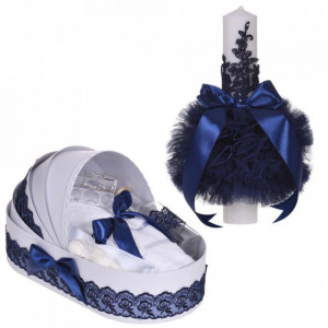 Set elegant lumanare botez si trusou botez in landou, decor dantela Bleumarin, Denikos® 882